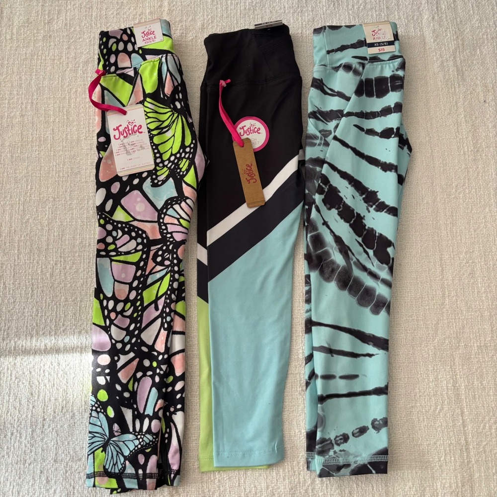 Justice Girls Ankle Leggings Bundle XS 5/6 Butterfly Tie Dye Colorblock 3 Pack